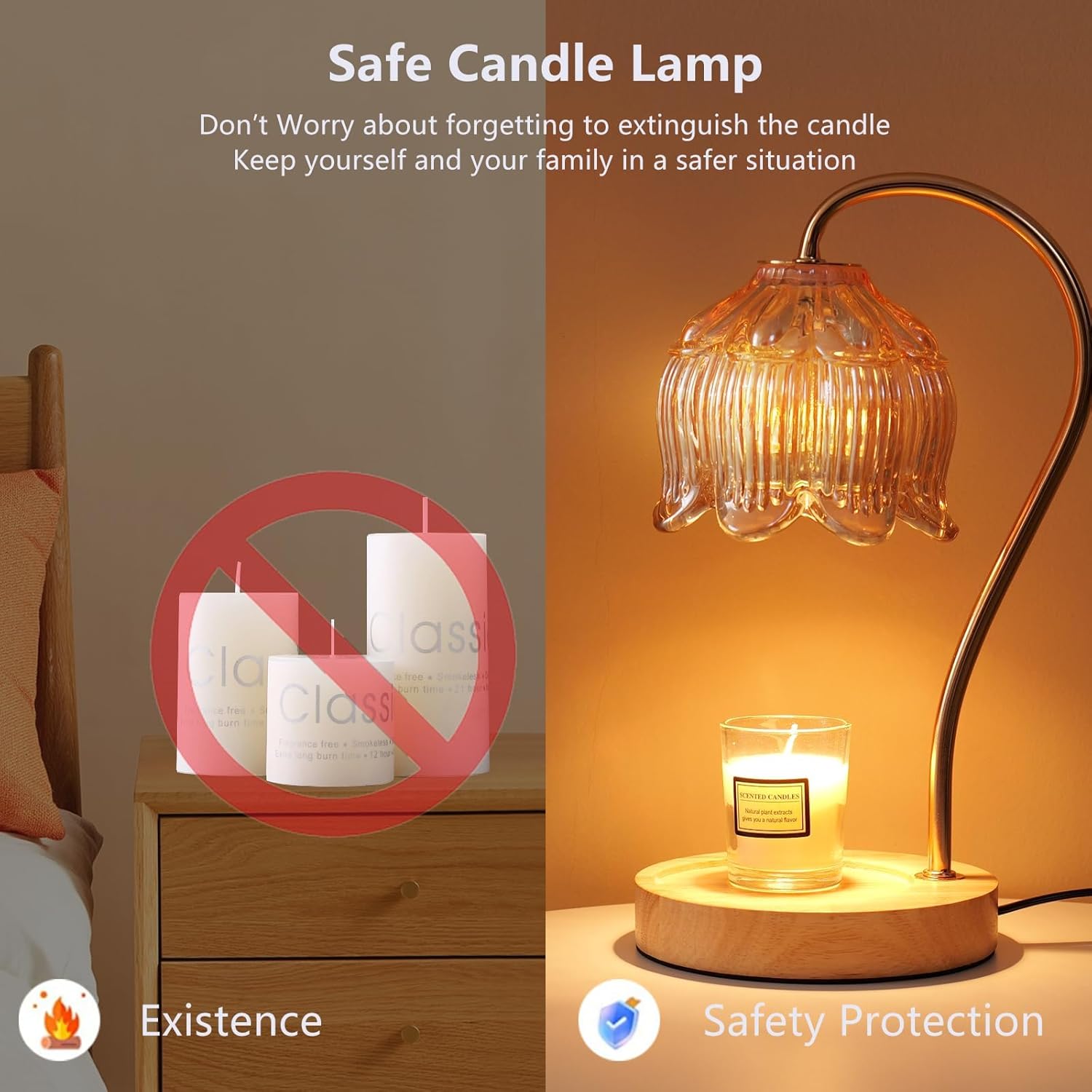 GEEZO Fragrance Candle Warmer Lamp with 2 Bulbs Electric Candle Warmer with Timer &amp; Dimmer for Home Decor Wax Melt for Small Large Size Jar Candles Retro Wooden Base