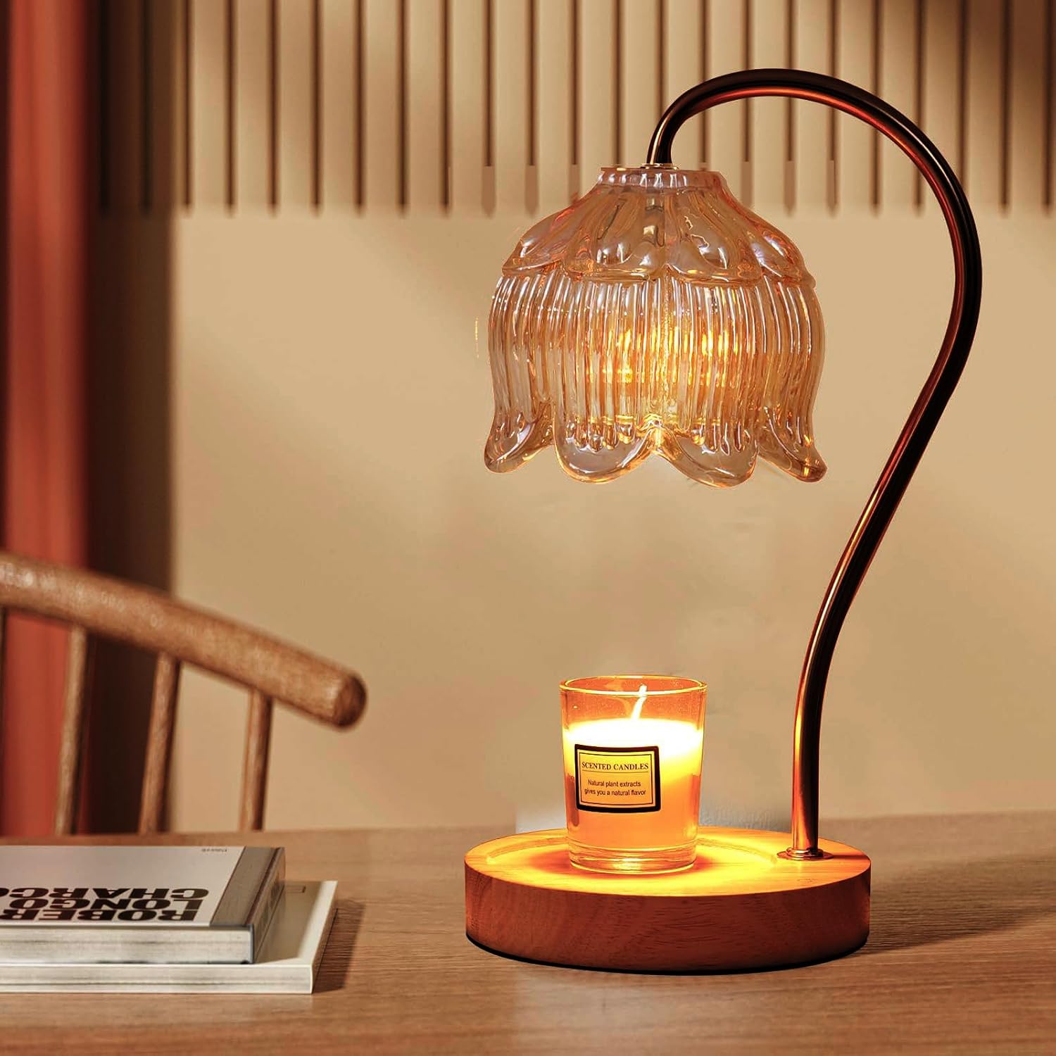 GEEZO Fragrance Candle Warmer Lamp with 2 Bulbs Electric Candle Warmer with Timer &amp; Dimmer for Home Decor Wax Melt for Small Large Size Jar Candles Retro Wooden Base