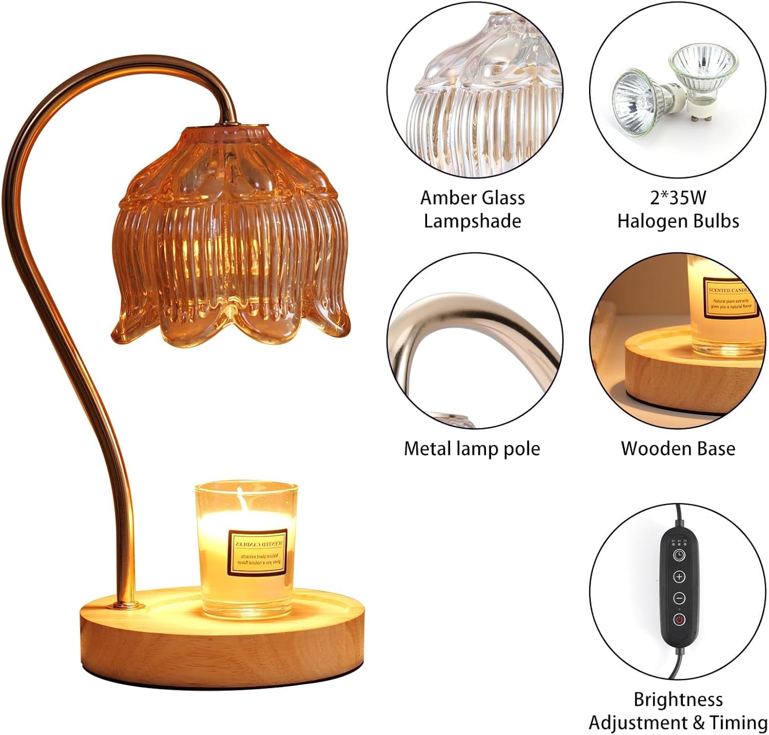 GEEZO Fragrance Candle Warmer Lamp with 2 Bulbs Electric Candle Warmer with Timer &amp; Dimmer for Home Decor Wax Melt for Small Large Size Jar Candles Retro Wooden Base