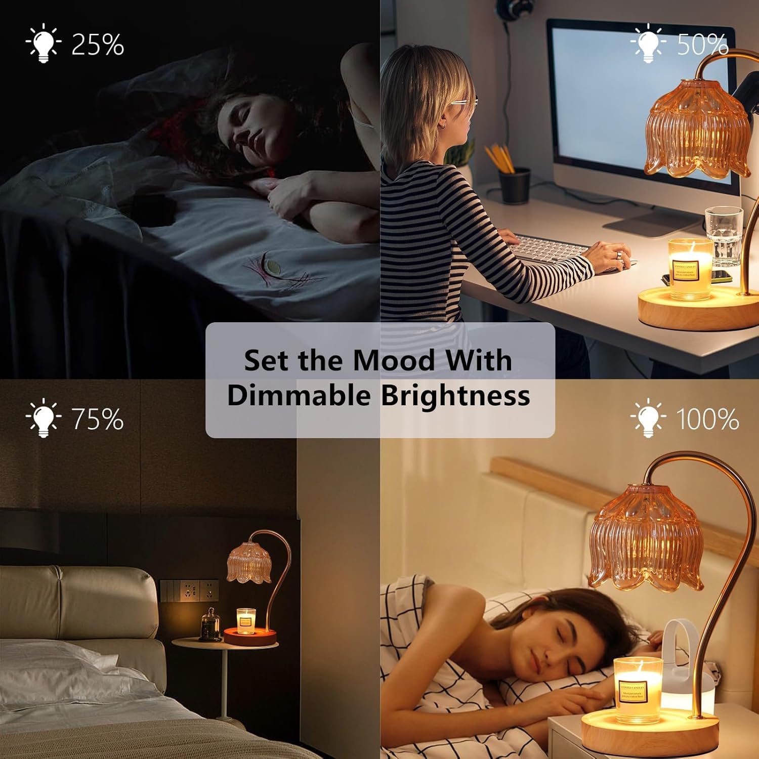 GEEZO Fragrance Candle Warmer Lamp with 2 Bulbs Electric Candle Warmer with Timer &amp; Dimmer for Home Decor Wax Melt for Small Large Size Jar Candles Retro Wooden Base